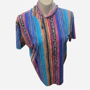 retro 90s streetwear hooded‎ short sleeve tee aztec funky aop size m